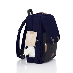 Babymel changing baby bag backpack, George Navy Black, front view, navy melange nappy bag, backpack with wipes