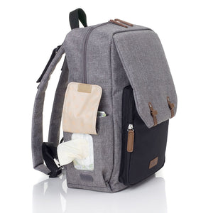 Babymel changing baby bag backpack, George Grey Black, front view, grey melange  nappy bag, backpack with baby wipes compartment
