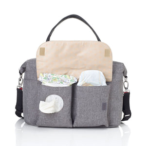 Babymel nappy bag, Jade Grey, front view with wipes compartment, grey, handbag baby bag