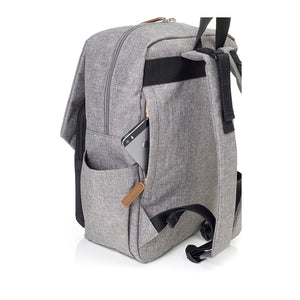 Babymel changing baby bag backpack, George Grey Black, side view, grey melange  nappy bag, backpack side pockets