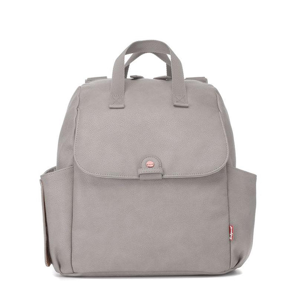 Babymel convertible changing bag, Robyn vegan leather pale grey, front view, faux leather PU backpack changing bag, rucksack